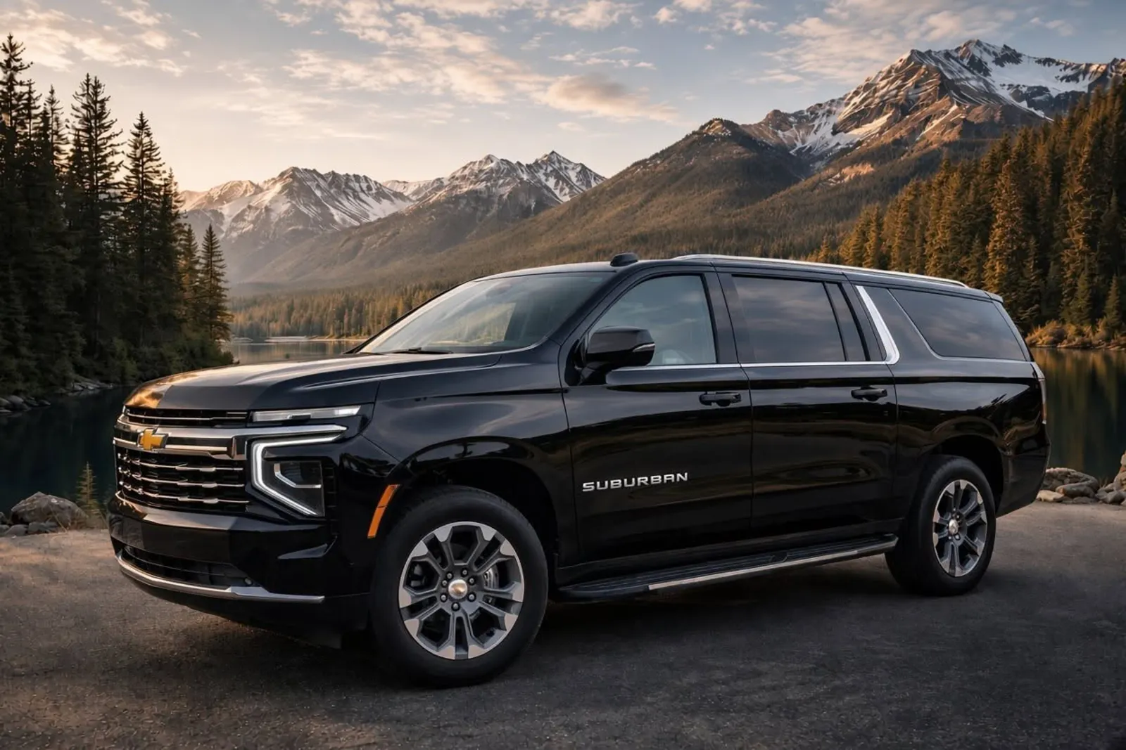 Black 2026 Chevrolet Suburban LT parked by a mountain lake in Colorado